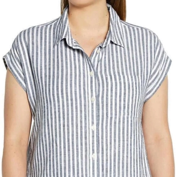 ORVIS Linen Top L Short Sleeve Stripe Button Up Coastal Beach Preppy Nautical - Picture 1 of 10